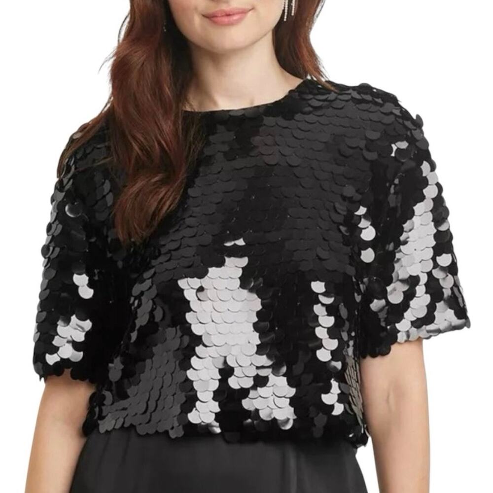 A New Day Women Size XL Black Sequin Short Sleeve Party Top Shirt Blouse Evening